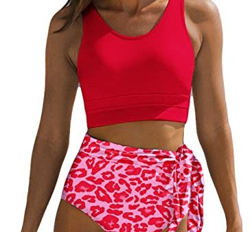 Talla: M - Conjunto de Bikini Dokotoo para Mujer - Cintura Alta y Estampado Floral, Color Rojo Fashion