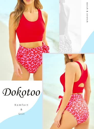 Talla: M - Conjunto de Bikini Dokotoo para Mujer - Cintura Alta y Estampado Floral, Color Rojo Fashion